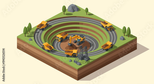 Isometric Open Pit Mine with Heavy Machinery and Excavation.