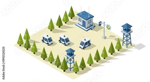 Isometric Police Station with Patrol Cars and Watchtowers.