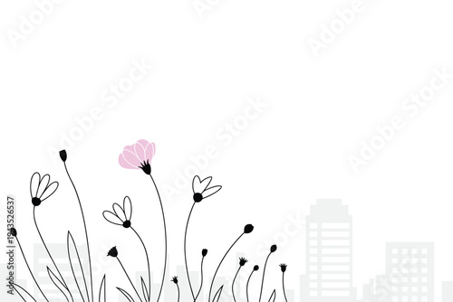 Delicate wildflowers growing against faint urban skyline background.