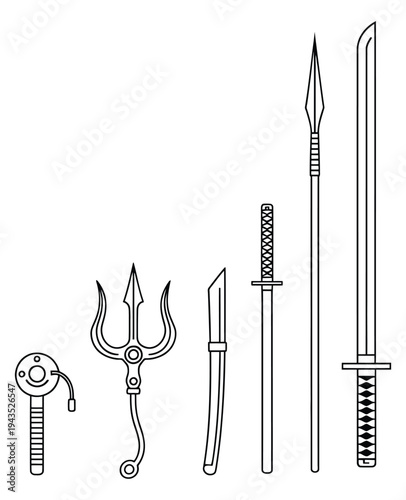 Historical and mythical weapons and tools depicted in black and white line drawing