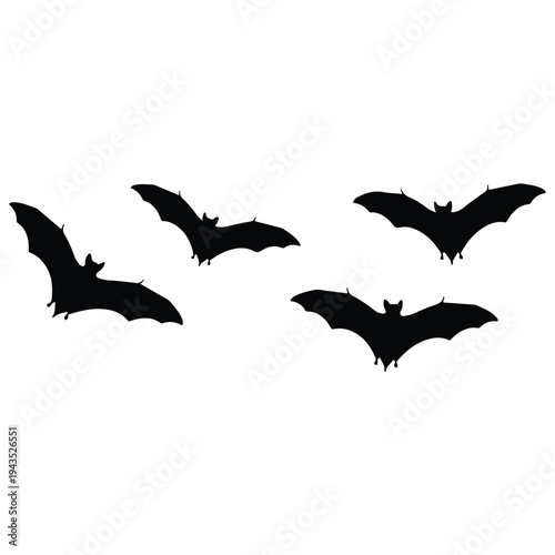 Four black silhouettes of bats flying in a night sky formation