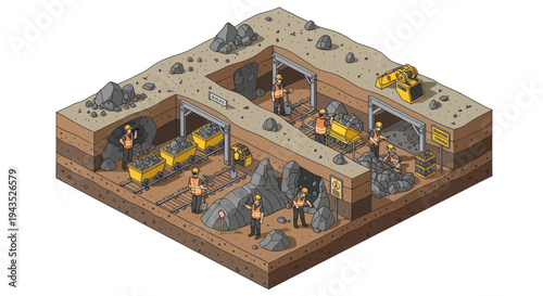 Isometric view of a gold mine with workers extracting precious metal.