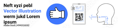 Online approval, digital identity, QR codes, authentication systems, data sharing, user interaction. Thumbs up symbol, QR code on screen profile face with airflow. Online approval and digital