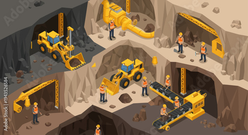 Isometric Underground Mining Operations with Workers and Heavy Machinery.