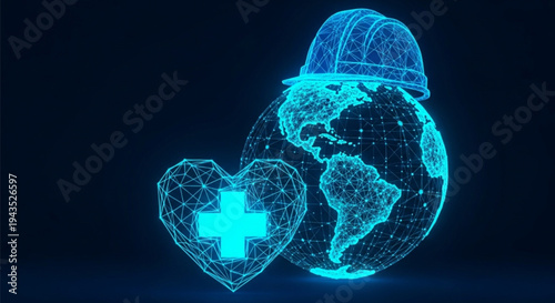 Work Safety Day Digital Earth and Medical Heart Symbol, Illustrating Global Health and Technology Innovations