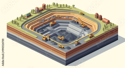 Isometric View of an Open Pit Mine with Heavy Machinery.