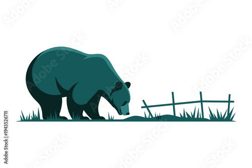 Dark bear foraging on ground near rustic fence.