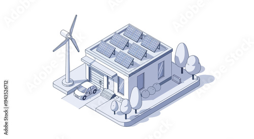 Isometric View of Sustainable Smart Home with Solar Panels and Wind Turbine.