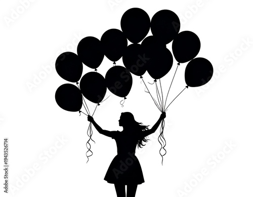 A silhouette of a woman holding numerous balloons aloft. She's dressed in a dress, arms raised against a white background