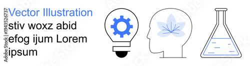 Science, innovation, mental health, eco-friendly ideas, research, experiments. Gear lightbulb, head with a leaf and a lab flask. Innovation and science concepts illustrated with clear symbols