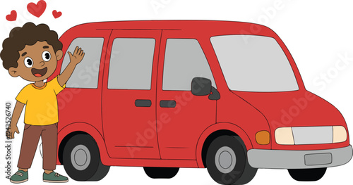 Cartoon illustration of smiling character waving beside red minivan with floating hearts in simple child friendly vector style
