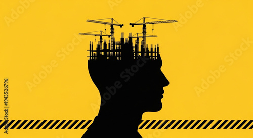 Work Safety Day Strategic Mindset Conceptual Graphic of Human Intellect as a Vibrant Construction Site, Embodying Innovative Planning, Urban Development, and Future Progress