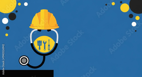 Work Safety Day industrial safety with healthcare, featuring a hard hat and stethoscope with tools, representing worker well-being and comprehensive occupational health protection