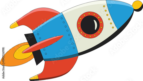 Cartoon retro rocket ship illustration with red fins, blue nose, and yellow flames in minimalist flat vector style
