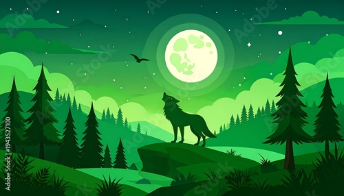 A silhouette of a wolf howling at a glowing full moon, set against a night sky above a green forest