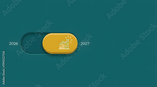 Minimalist graphic concept of a yellow toggle switch button sliding from the year 2026 to 2027 with a growth chart icon representing business progress and future success planning