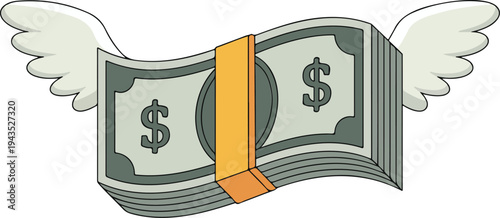 Cartoon illustration of flying stack of dollar bills with angel wings and rubber band in minimalist vector style
