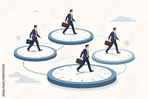 Professional businessmen walking on giant clock faces connected by paths, symbolizing corporate time management, workflow optimization, productivity, and meeting deadlines. Flat vector design.