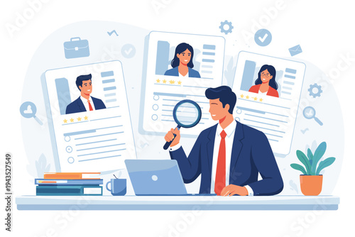 Businessman HR Manager Reviewing Job Applications with Magnifying Glass, Recruitment Concept of Hiring New Employees, Talent Acquisition and Candidate Selection Process Vector Illustration