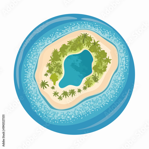 Stunning aerial view of a circular coral reef atoll surrounding a turquoise lagoon in the tropical ocean
