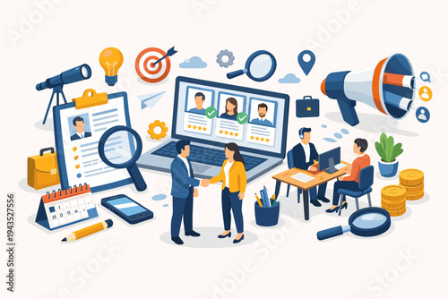 Isometric Vector Illustration of Recruitment and Hiring Process with HR Professionals Searching for Candidates on Laptop, Conducting Job Interviews, Shaking Hands, and Resume Screening