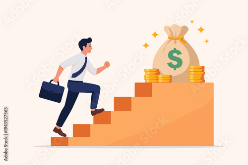Businessman in suit climbing stairs towards a large money bag and stacks of gold coins, representing career growth, financial success, ambition, wealth achievement, and professional goals.