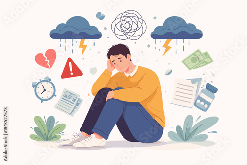 Man Feeling Overwhelmed by Life Stressors Like Financial Debt, Heartbreak, and Health Issues, Flat Vector Illustration of Anxiety, Depression, and Mental Health Struggles on a Light Background