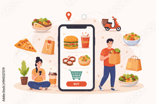 Online Food Delivery Service Concept with People Ordering Meals via Mobile App. Flat Vector Illustration of Smartphone, Pizza, Burger, Salad, Delivery Scooter, and Grocery Shopping Bags on White.