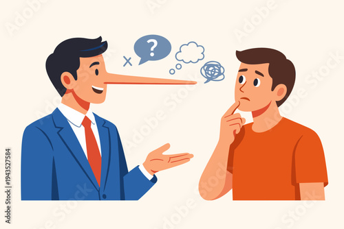 Psychology of Lies Concept Illustration Featuring a Man with a Long Pinocchio Nose Telling Untruths to a Skeptical Person, Symbolizing Deception, Dishonesty, and Manipulation in Communication.