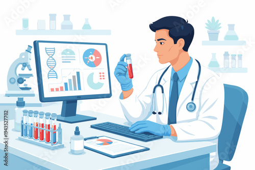 Professional male doctor in a medical laboratory analyzing blood test results on a computer screen with data charts and DNA graphics, holding a sample tube in a modern healthcare setting.
