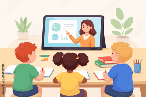 Vector of diverse children sitting at a desk watching a female teacher explain a lesson on a tablet screen during an online class, remote learning, homeschooling, and digital education concept.