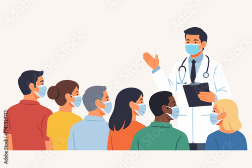 Vector Illustration of a Male Doctor in a White Coat and Stethoscope Giving a Public Health Presentation to a Diverse Group of People Wearing Protective Face Masks for Safety and Prevention.