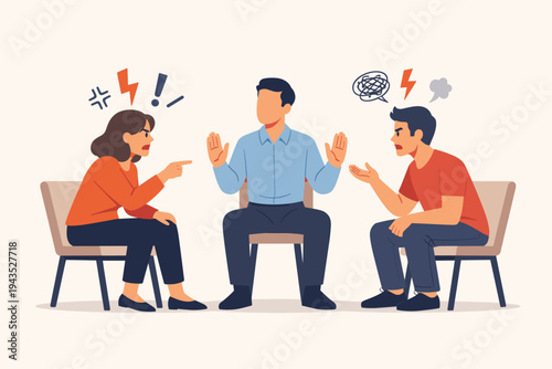 Angry couple having a heated argument during a counseling session with a professional mediator trying to calm them down. Flat vector illustration of relationship conflict, therapy, and divorce.
