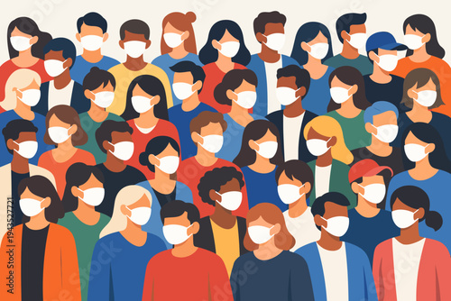 Diverse Crowd of People Wearing White Protective Face Masks in a Simple Flat Vector Illustration Style. Concept for Public Health, Pandemic Safety, Social Distancing, and Community Protection.