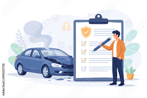 Man filling out an insurance claim form on a large clipboard after a car accident. Blue sedan with front-end damage and smoke from the engine. Concept for vehicle protection and policy coverage.