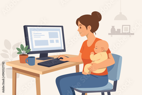 Vector Illustration of a Young Mother Working from Home on a Computer While Holding Her Sleeping Infant Baby; Freelance Mom Multitasking at a Desk with a Monitor, Keyboard, and Coffee Mug.