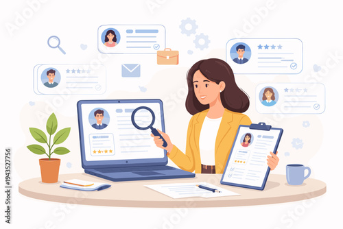 Female HR recruiter reviewing online job applications and candidate CVs on a laptop and clipboard. Talent acquisition and hiring process concept with magnifying glass for candidate selection.