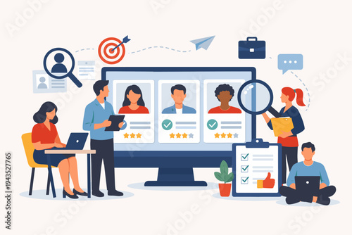 Recruitment Team Hiring Online Candidates Flat Vector Illustration. HR Professionals Screening Job Applicants on Computer Screen with Magnifying Glass, Checklist, and Talent Search Icons.