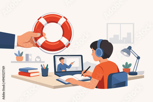 Student boy studying online at home with laptop and headphones, receiving academic help and support symbolized by a hand holding a lifebuoy, concept of educational assistance and tutoring.