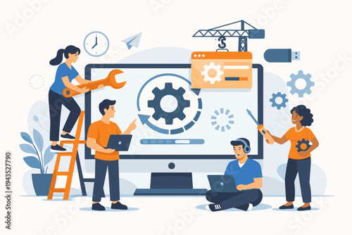 Team of Technical Support Specialists Updating Computer Software and System Maintenance, Flat Vector Illustration of IT Professionals Working on Web Development, Software Upgrade, and Repair.