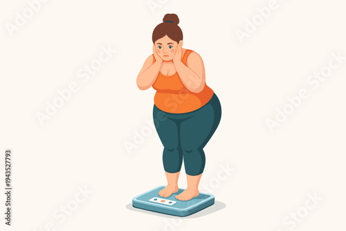 Flat vector illustration of an obese woman standing on a weighing scale with a concerned expression, representing weight gain, health issues, dieting, obesity, and body mass index struggles.