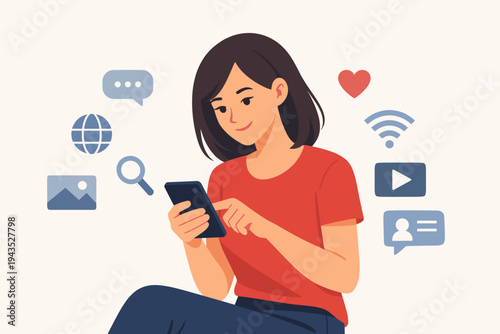 Flat vector illustration of a young woman using her smartphone for social media, browsing the internet, and chatting with floating digital communication icons like wifi, heart, and video.