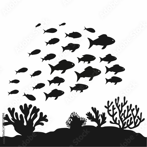Silhouette of a School of Small Tropical Fish Swimming Over a Coral Reef, Underwater Marine Life Vector Illustration