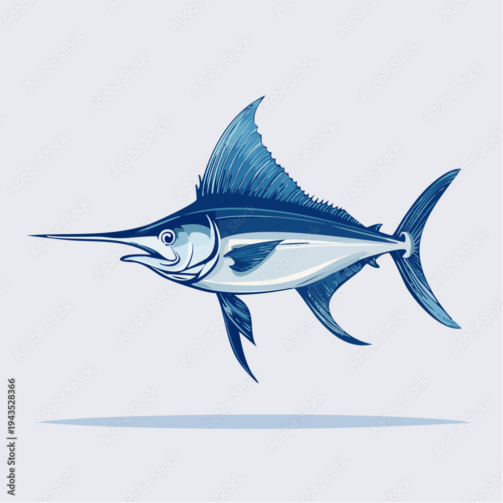 Naklejka premium Artistic Vector Illustration of a Glowing Swordfish Swimming in the Deep Blue Ocean