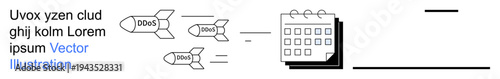 Business strategy, goal planning, productivity, deadlines, task management, scheduling. Rockets aimed at a calendar. Business strategy and productivity concept for effective planning