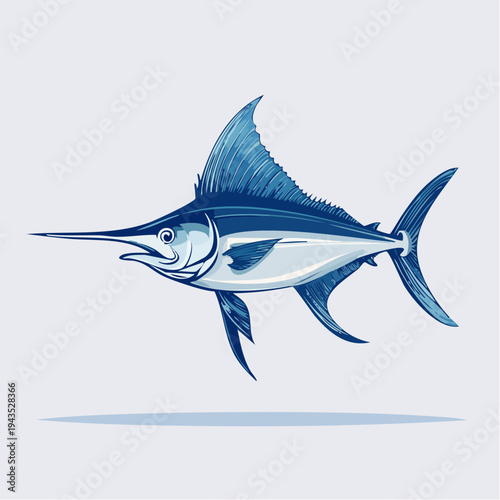 Artistic Vector Illustration of a Glowing Swordfish Swimming in the Deep Blue Ocean