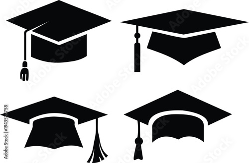 Graduation cap silhouette icon set academic mortarboard hats with tassel education vector collection