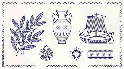 Ancient Greek symbols and artifacts collection illustration.