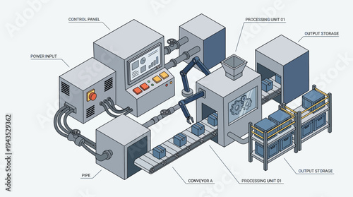 Automated Industrial Production Line with Robotic Arms and Conveyor Belt System.