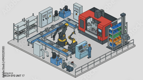 Automated Manufacturing System with Robotic Arms and CNC Machine.